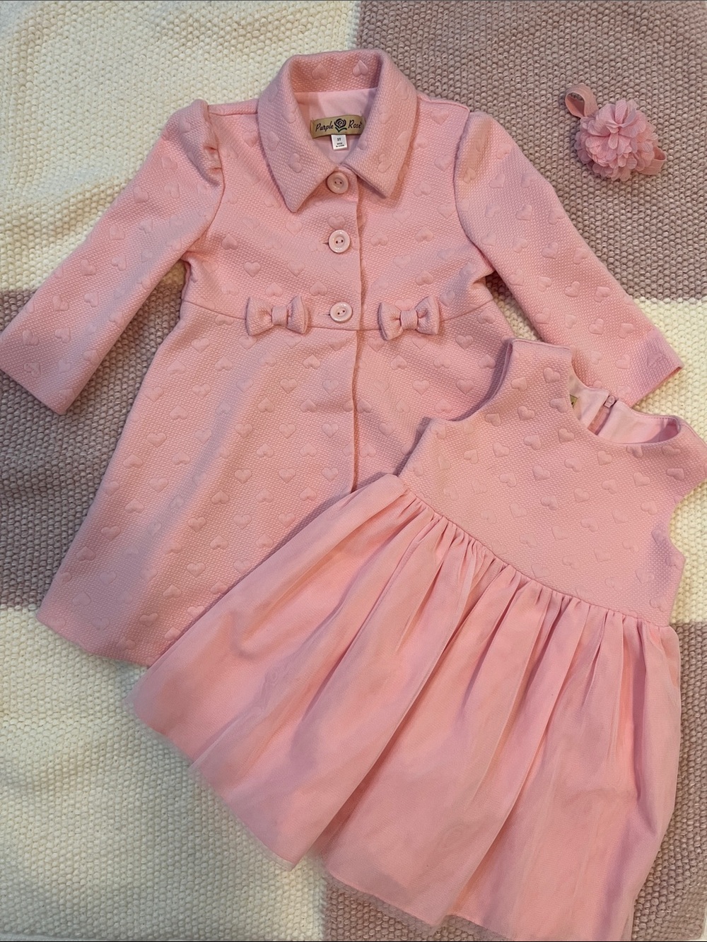 Girls Pink Dress & Matching Coat Set 3T | Heart Texture | Excellent Condition